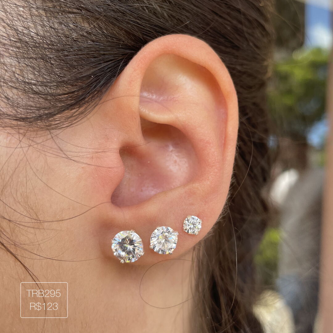 Trio de Brinco Ponto de Luz Luxo Cristal Prateado